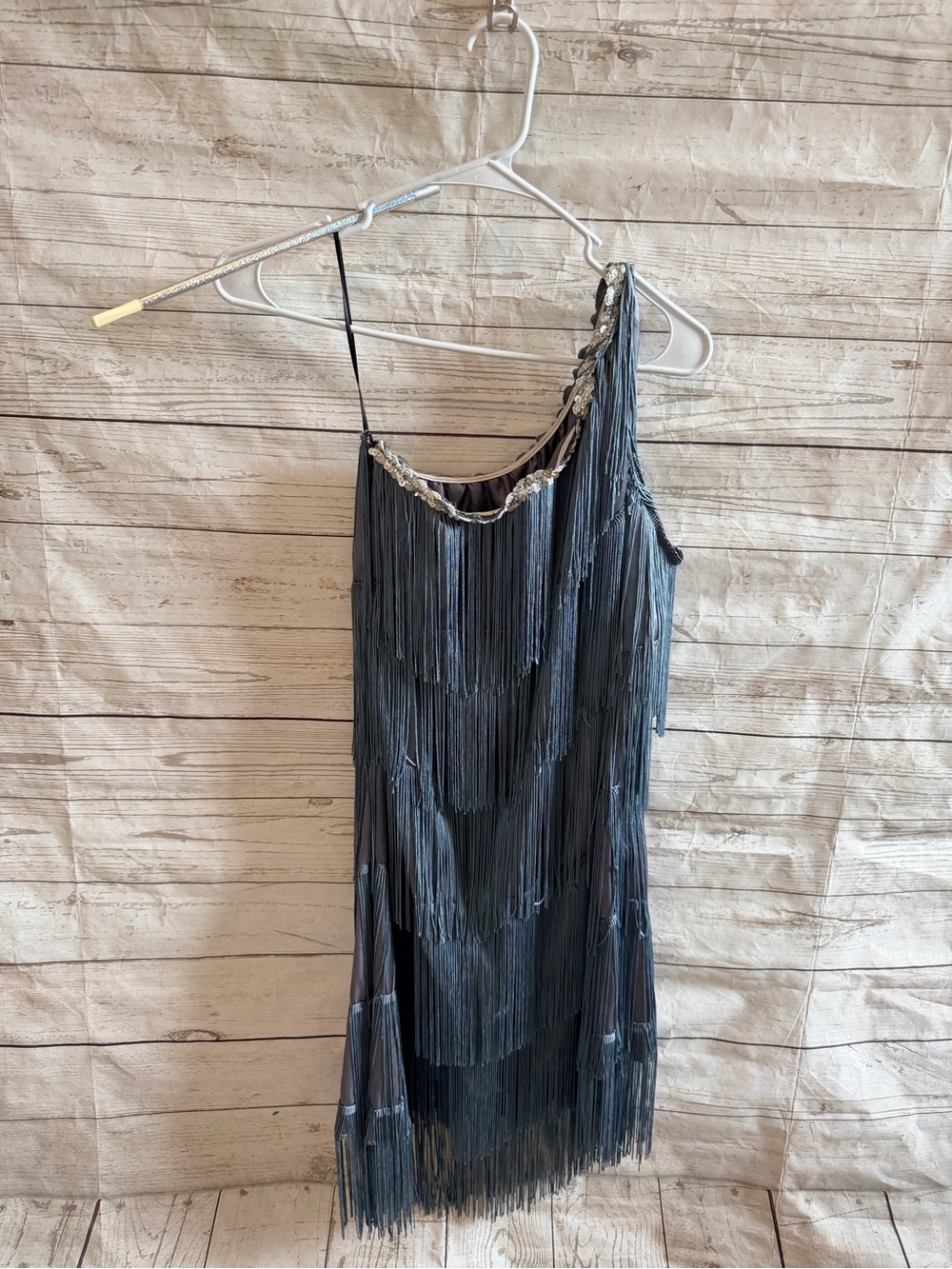 1920s Fringe One-Shoulder Party Dress - Charcoal Gray